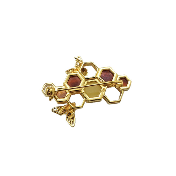 Multi-Color Amber Gold Plated Silver Bee On Honeycomb Pin/Brooch