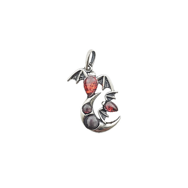Cherry Amber Sterling Silver Bat/Moon Pendant