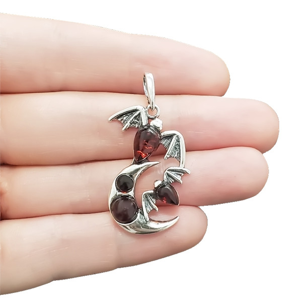 Cherry Amber Sterling Silver Bat/Moon Pendant