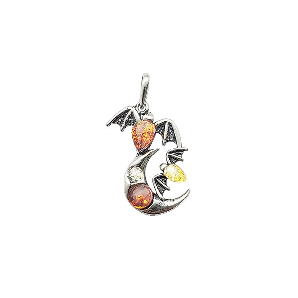 Multicolor Amber Sterling Silver Bat And Moon Pendant