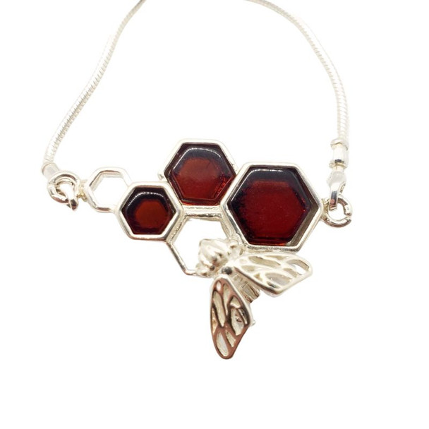 Cherry Amber Sterling Silver Bee¬†On Honeycomb Slider Bracelet