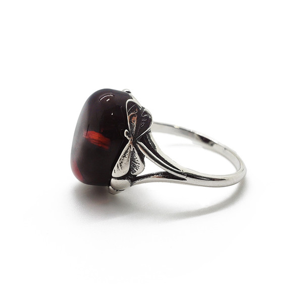 Cherry Amber Sterling Silver Dragonfly Design Ring