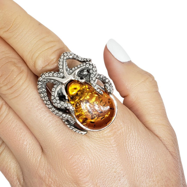 Octopus Cognac Amber Oxidized Sterling Silver Adjustable Ring