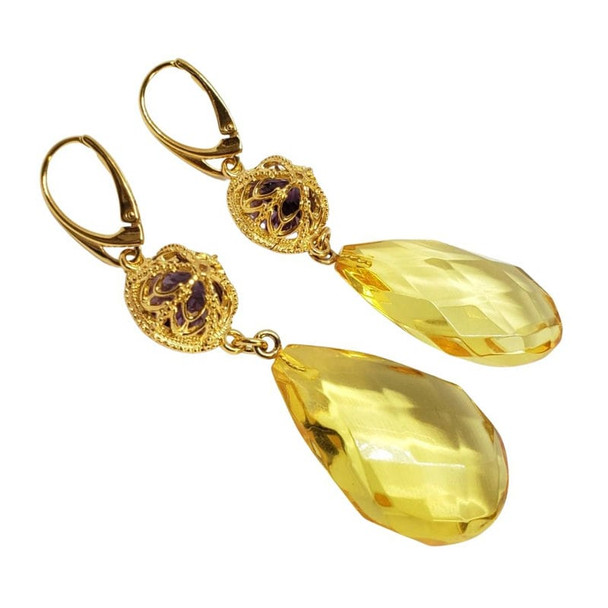 Faceted Citrine Amber/Amethyst Gold Plated Earrings On Hooks