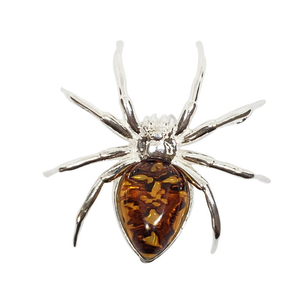 Spider Cameo Amber Sterling Silver Pin