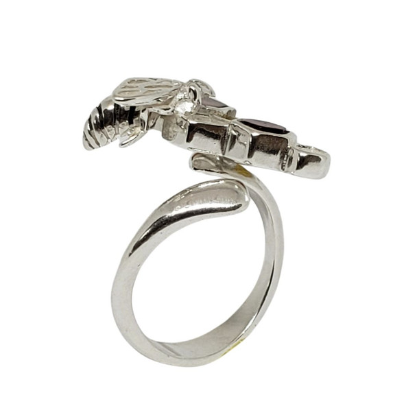 Multi-Color Amber Sterling Silver  Bee On Honeycomb Adjustable Ring