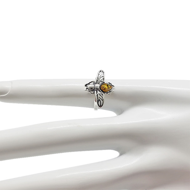 Bee Cognac Amber Silver Ring
