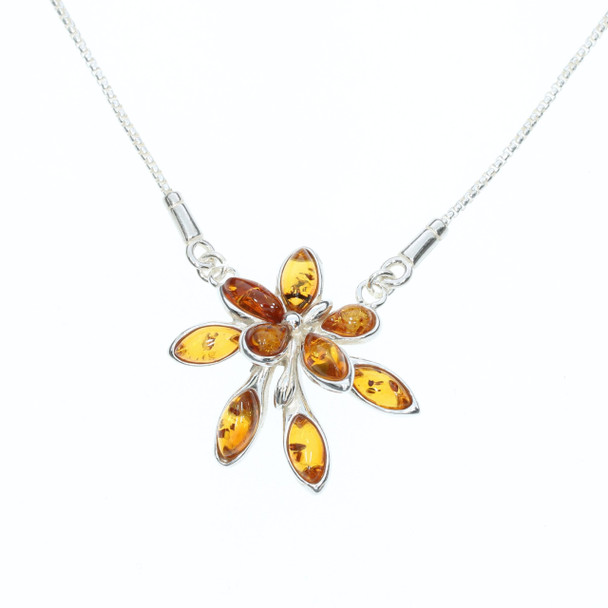 Cognac Amber Sterling Silver Flower-Shape Necklace