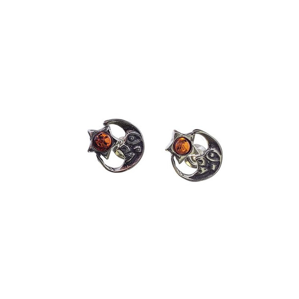 Amber Sterling Silver Moon and Star Earrings