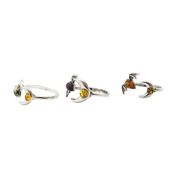 Multi-Color Amber Sterling Silver Bat / Moon Adjustable Ring