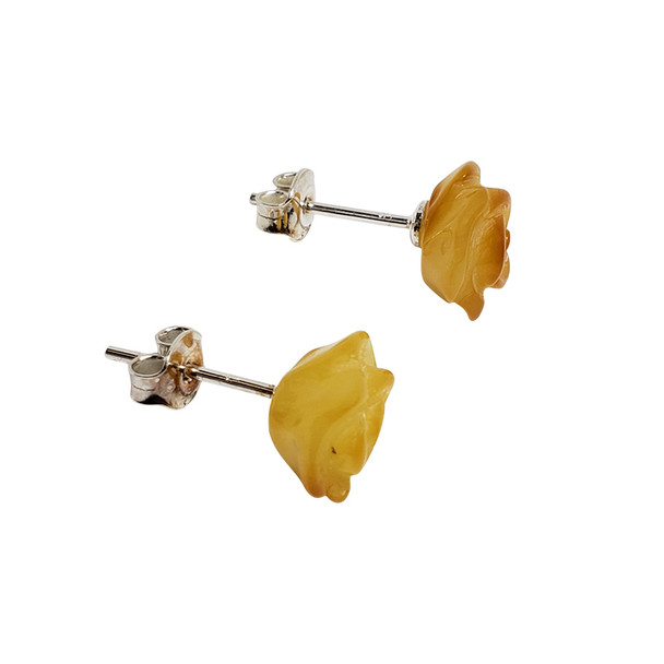 Matte Finish Amber Carved Rose Earrings