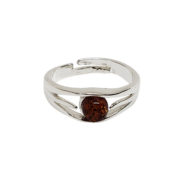 Round Cognac Amber / Silver Ring