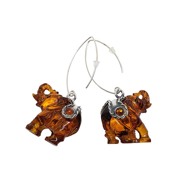 Cognac Amber Carved Elephant Earrings