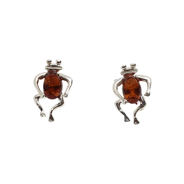 Frog Cognac Amber Sterling Silver Stud Earrings