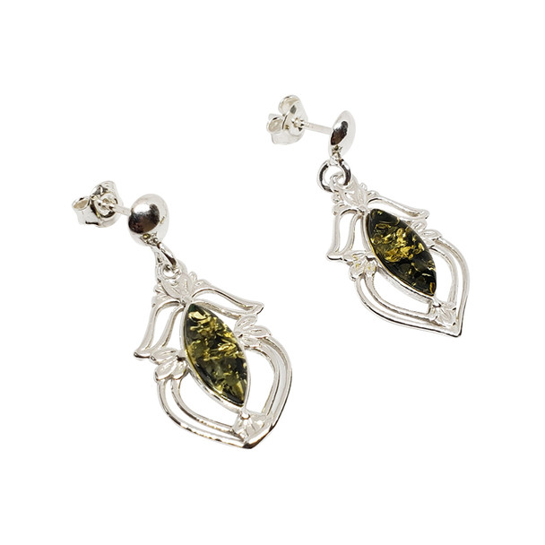 Green Amber Post Dangle Earrings &.925 Sterling Silver