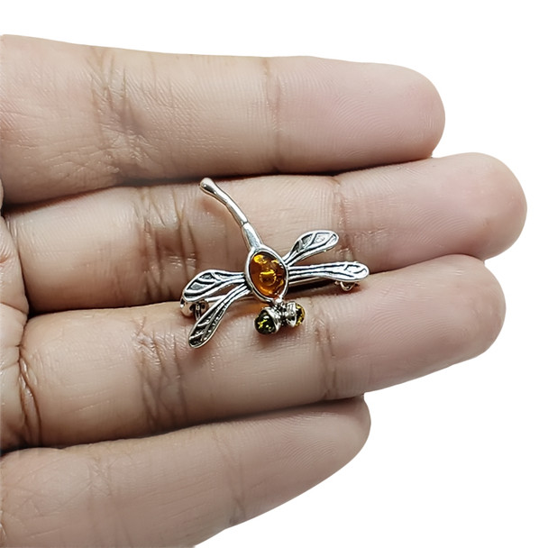 Multicolor Amber Sterling Silver Dragonfly Pin/Pendant