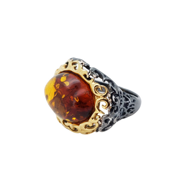 Cognac Amber Gold Plated Sterling Silver Ring