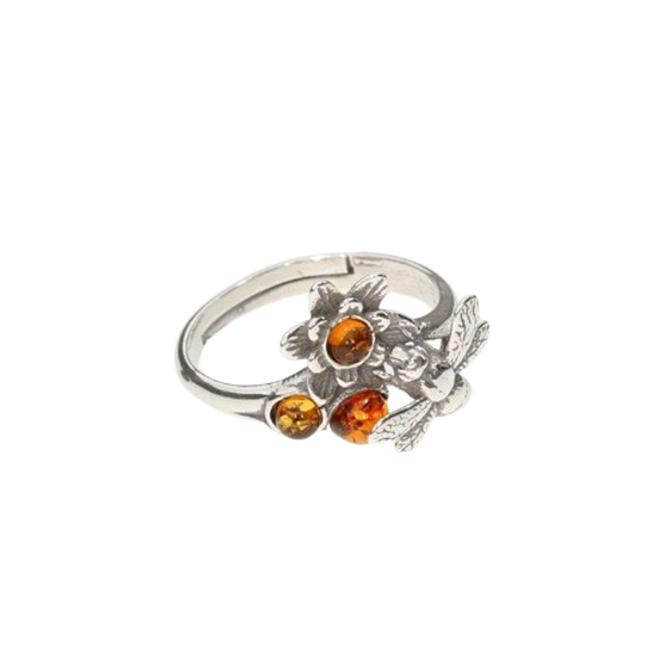 Cognac Amber Bee/Flower Adjustable Ring