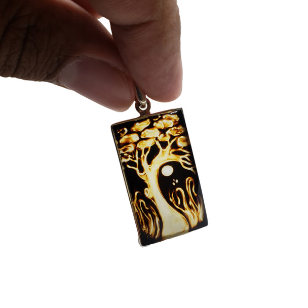 Amber Cameo/Intaglio "Tree of Life" And Moon Pendant