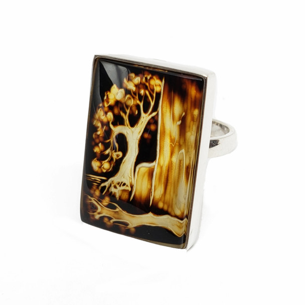 Amber Cameo / Intaglio "Tree of Life" Adjustable Ring