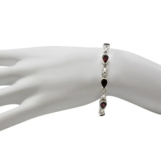 Garnet Stones Sterling Silver Link Bracelet