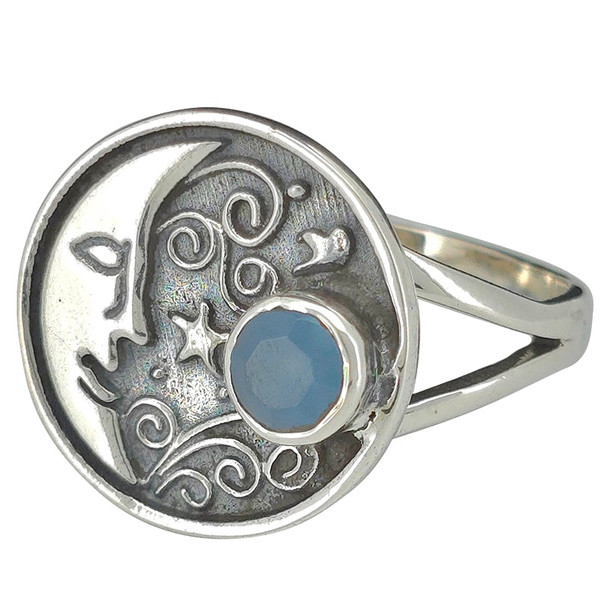 Faceted Blue Chalcedony Silver Moon Ring
