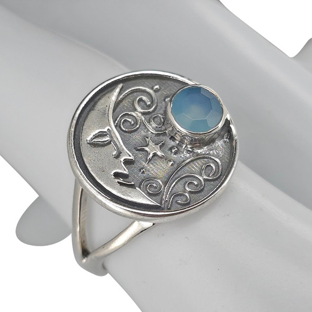 Faceted Blue Chalcedony Silver Moon Ring