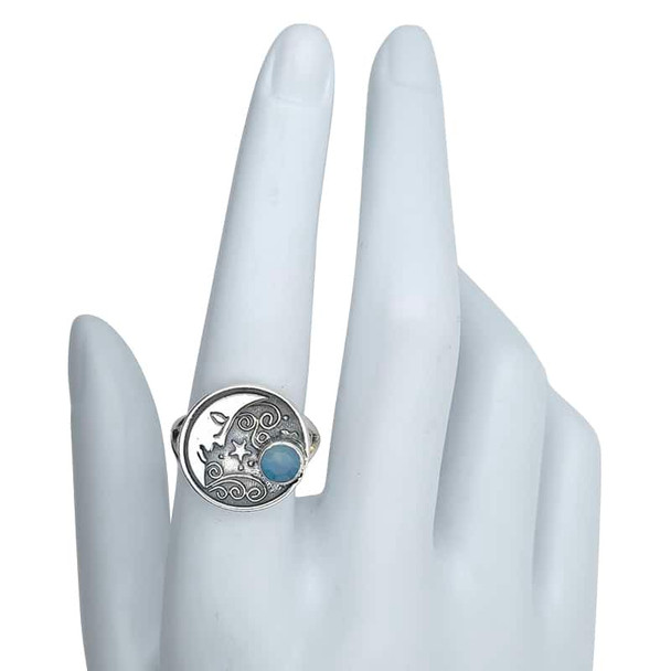 Faceted Blue Chalcedony Silver Moon Ring