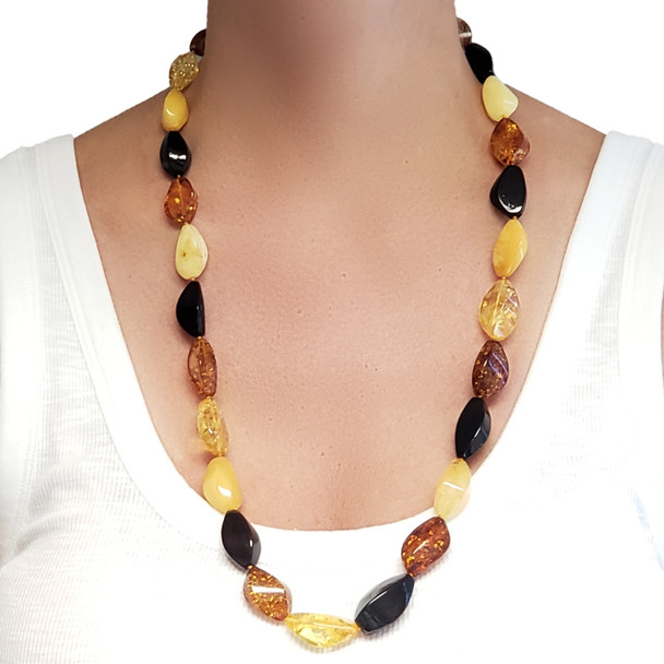 Multi-Color Amber Beaded Necklace 28"