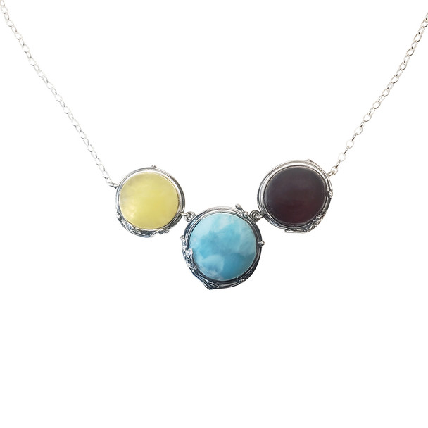 Multicolor amber/larimar handmade necklace