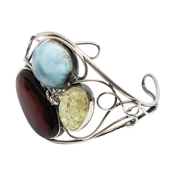 Multi-Color Amber/Larimar Handmade Cuff Bracelet