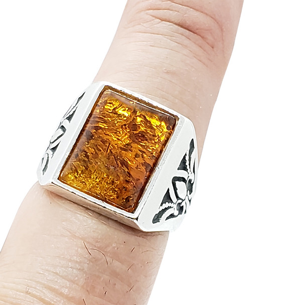Cognac Amber / Fleur-de-lis Design Silver Ring For Men