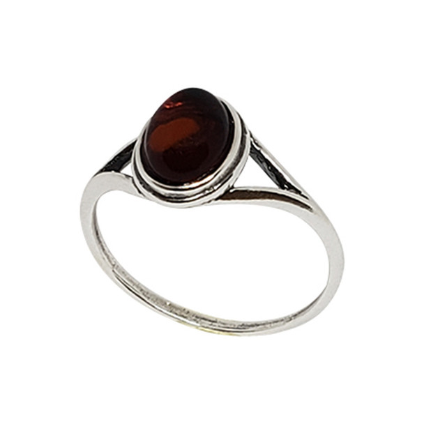 Cherry Color Amber Sterling Silver Ring