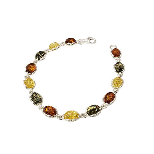 Multi-Color Oval Shape Amber Sterling Silver Bracelet