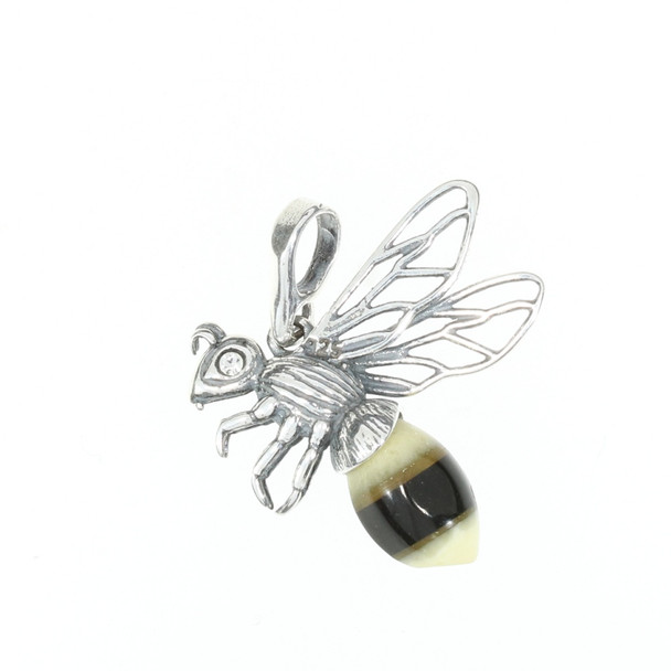 Multicolor amber sterling silver bee pendant.