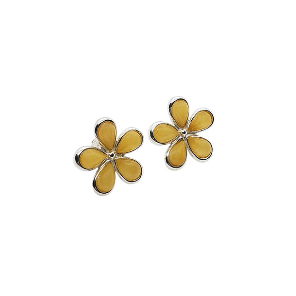 Butterscotch Baltic Amber Flower Stud Earrings Sterling Silver Amber Jewelry Teardrop Shape Stones
