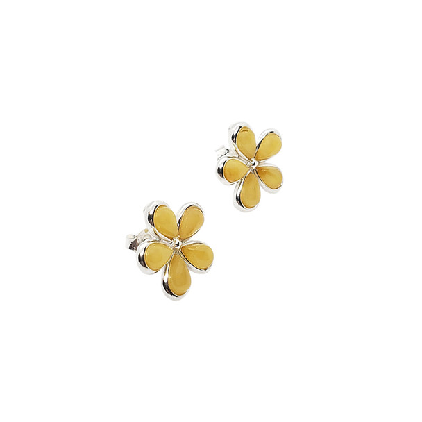 Butterscotch Baltic Amber Flower Stud Earrings Sterling Silver Amber Jewelry Teardrop Shape Stones
