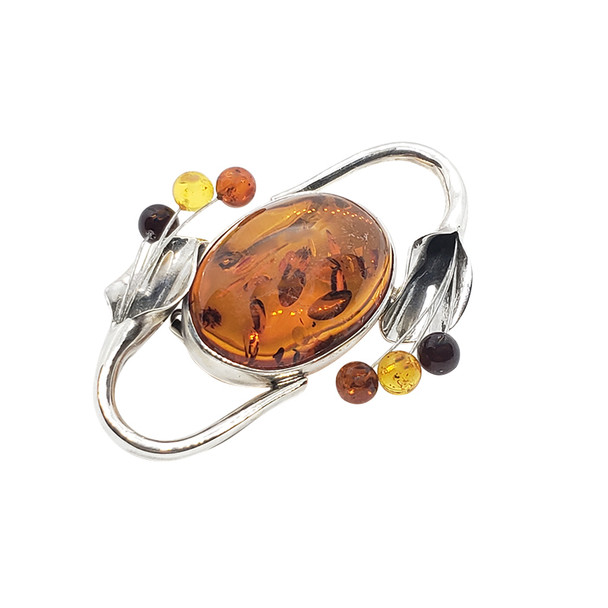 Multi-Color Amber Sterling Silver Pin/Brooch