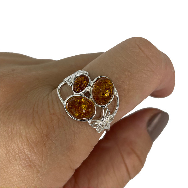 Cognac Amber Butterfly Design Silver Ring