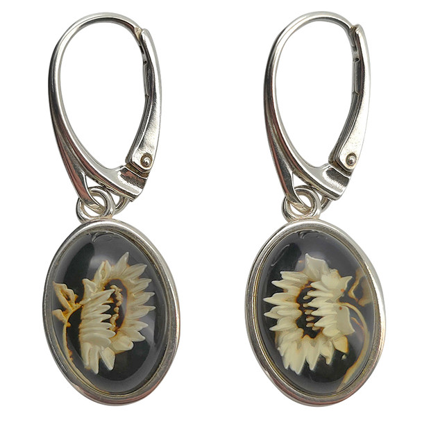 Sunflower Cameo Amber Sterling Silver Earrings On Hooks