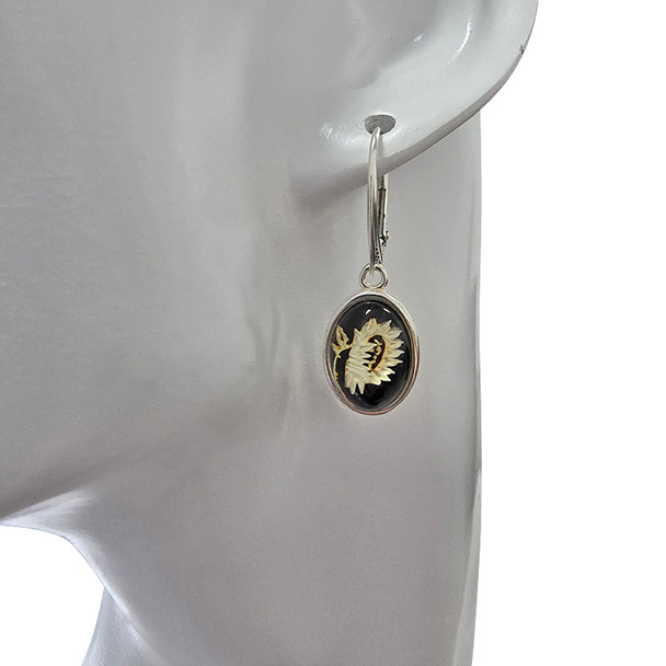 Sunflower Cameo Amber Sterling Silver Earrings On Hooks