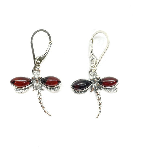 Dragonfly Cherry Amber Silver Dangle Earrings