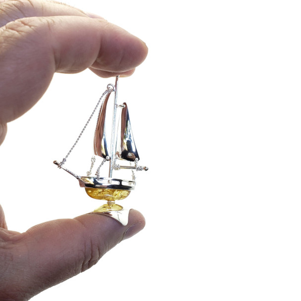 Citrine Color Amber Sterling Silver Boat Statuette