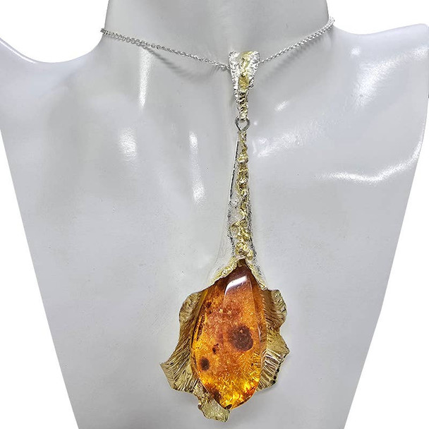 Cognac Amber Gold Plated Silver Handmade Pendant