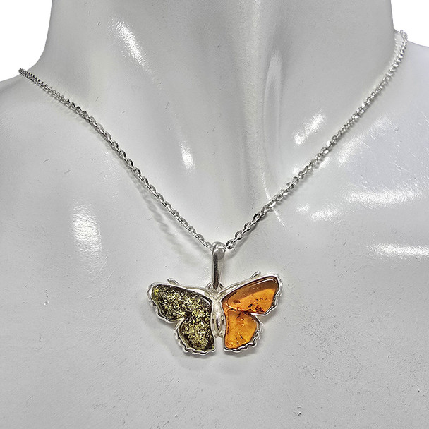 Multicolor Amber Sterling Silver Butterfly Pendant