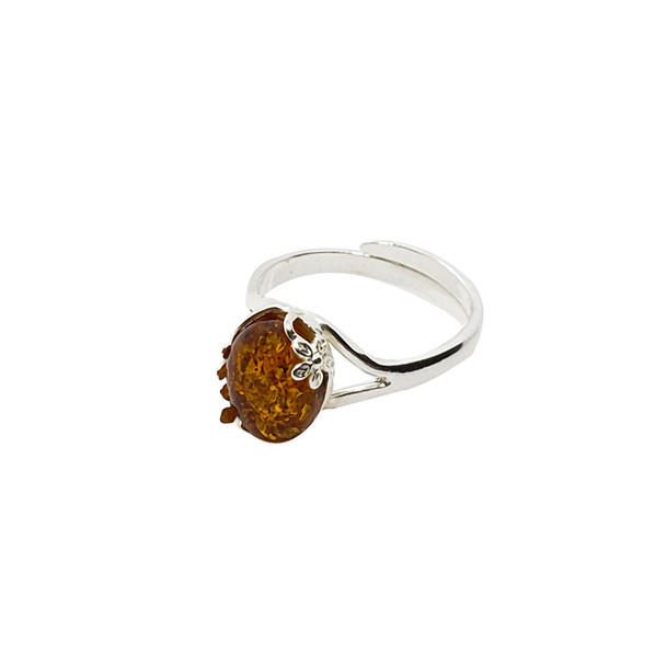 Cognac Amber Sterling Silver "Flower" Adjustable Ring