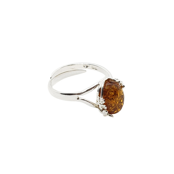 Cognac Amber Sterling Silver "Flower" Adjustable Ring