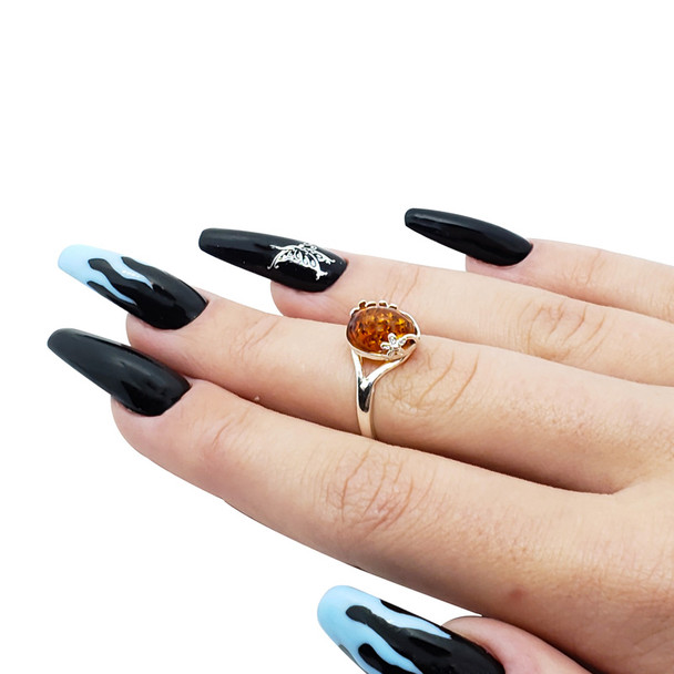 Cognac Amber Sterling Silver "Flower" Adjustable Ring