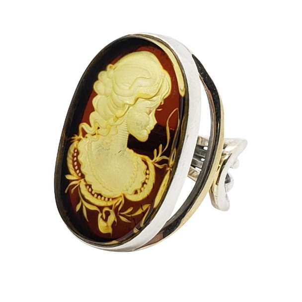 Carved Lady Cameo Amber Silver Adjustable Ring