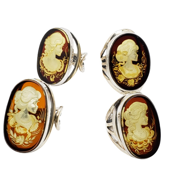 Carved Lady Cameo Amber Silver Adjustable Ring